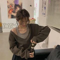 Hnewly Fall Sweatshirt Women Harajuku Chic Ins Fake Two Piece Street Teens Outerwear Popular