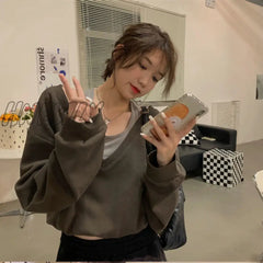 Hnewly Fall Sweatshirt Women Harajuku Chic Ins Fake Two Piece Street Teens Outerwear Popular