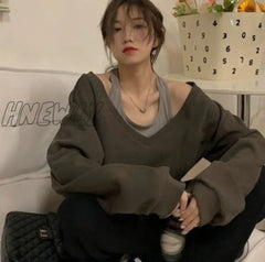 Hnewly Fall Sweatshirt Women Harajuku Chic Ins Fake Two Piece Street Teens Outerwear Popular