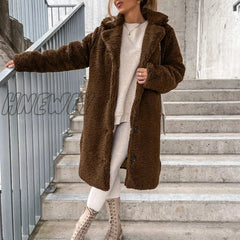 Hnewly Fall/Winter New Flannel Coat Women Casual Solid Color Plush Lapel Long Sleeve Jacket Elegant