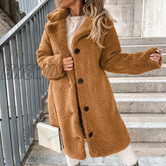 Hnewly Fall/Winter New Flannel Coat Women Casual Solid Color Plush Lapel Long Sleeve Jacket Elegant