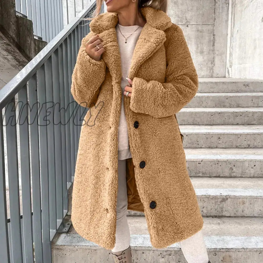 Hnewly Fall/Winter New Flannel Coat Women Casual Solid Color Plush Lapel Long Sleeve Jacket Elegant