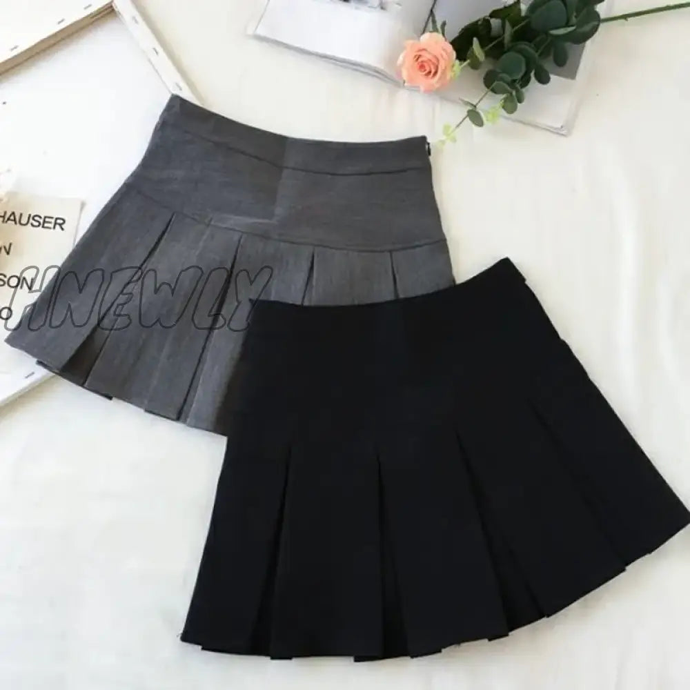 Hnewly Fashion A Line Women Pleated Skirt High Waist Zipper Grey Student Mini Jk Summer New Black
