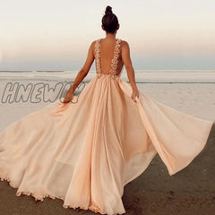 Hnewly Fashion Autumn Sleeveless Green A Line Sexy Backless Prom Dresses Women Elegant Full Length