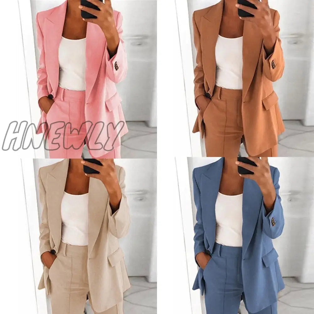 Hnewly Fashion Blazer Suit Women Office Sets Autumn Long Sleeve Cardigan Shorts Solid 2 Piece Set