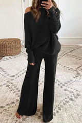 Hnewly - Fashion British Style Solid O Neck Long Sleeve Two Pieces(4 Colors) Black / S