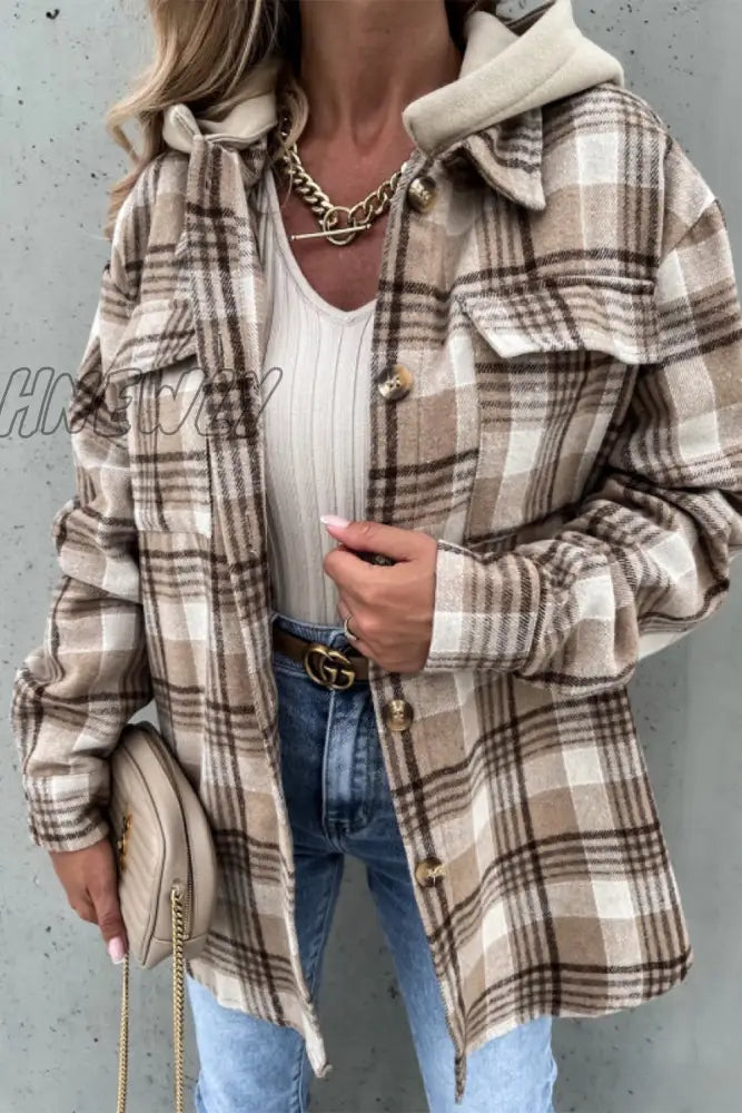 Hnewly - Fashion Casual Plaid Contrast Turndown Collar Outerwear Coffee / S Outerwear/Coats &