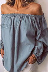 Hnewly - Fashion Casual Solid Patchwork Off The Shoulder Tops Blue / S Tops/Long Sleeve