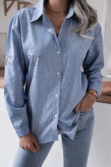 Hnewly - Fashion Casual Striped Solid Turndown Collar Tops Tops/Blouses & Shirts