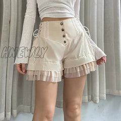 Hnewly Fashion Chic Ruffles Spliced High Waist Shorts Women Lace Trim Buttons Coquette Clothes