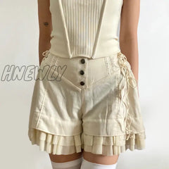 Hnewly Fashion Chic Ruffles Spliced High Waist Shorts Women Lace Trim Buttons Coquette Clothes