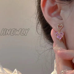 Hnewly Fashion Earrings Necklaces Set For Women Heart-Shaped Zircon Pink Crystal Pendant Necklace