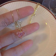 Hnewly Fashion Earrings Necklaces Set For Women Heart-Shaped Zircon Pink Crystal Pendant Necklace