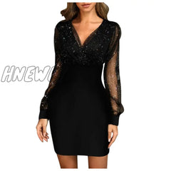 Hnewly Fashion Elegant Sexy Bag Hip Midi Dress Wonen Black Retro Gazue Sequins Long Sleeved Female