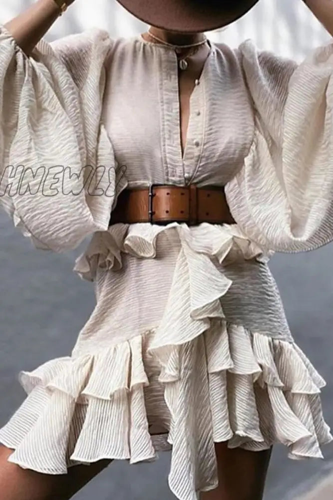 Hnewly - Fashion Elegant Solid Buckle Flounce With Belt O Neck A Line Dresses Apricot / S