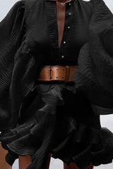 Hnewly - Fashion Elegant Solid Buckle Flounce With Belt O Neck A Line Dresses Black / S