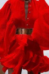 Hnewly - Fashion Elegant Solid Buckle Flounce With Belt O Neck A Line Dresses Red / S Dresses/Short