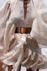 Hnewly - Fashion Elegant Solid Buckle Flounce With Belt O Neck A Line Dresses Dresses/Short