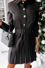 Hnewly - Fashion Elegant Solid Buckle With Belt Turndown Collar Pleated Dresses Dresses/Midi