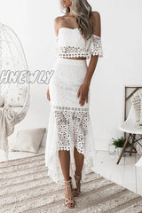 Hnewly - Fashion Elegant Solid Hollowed Out Backless Strapless Short Sleeve Two Pieces(3 Colors)