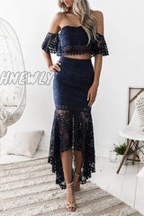 Hnewly - Fashion Elegant Solid Hollowed Out Backless Strapless Short Sleeve Two Pieces(3 Colors)