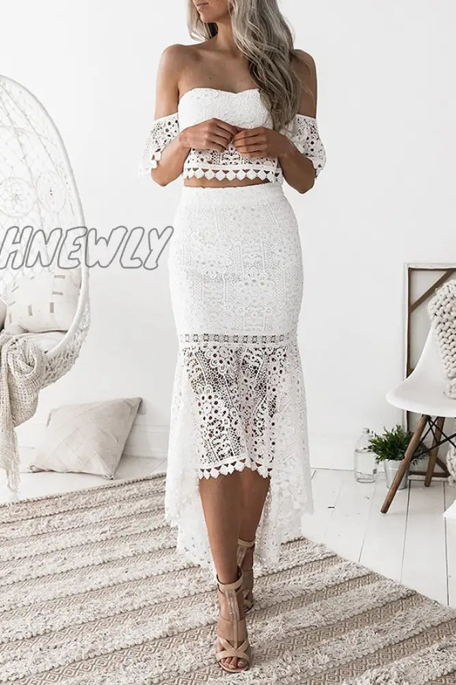 Hnewly - Fashion Elegant Solid Hollowed Out Backless Strapless Short Sleeve Two Pieces(3 Colors)