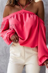 Hnewly - Fashion Elegant Solid Patchwork Backless Halter Tops Tops/Long Sleeve