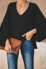 Hnewly - Fashion Elegant Solid Patchwork V Neck Tops(3 Colors) Black / S Tops/Long Sleeve Tops