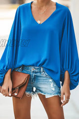 Hnewly - Fashion Elegant Solid Patchwork V Neck Tops(3 Colors) Blue / S Tops/Long Sleeve Tops