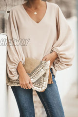 Hnewly - Fashion Elegant Solid Patchwork V Neck Tops(3 Colors) Tops/Long Sleeve Tops
