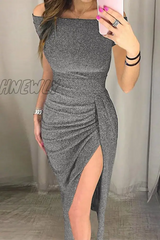 Hnewly - Fashion Elegant Solid Slit Sequined Off The Shoulder Wrapped Skirt Dresses Grey / S