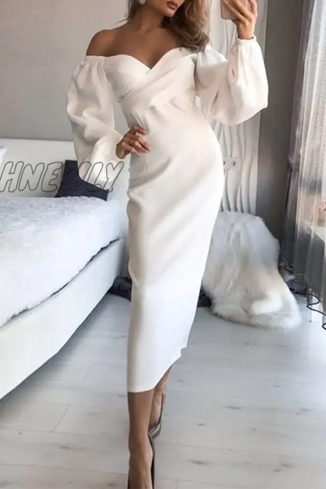 Hnewly - Fashion Elegant Solid Split Joint Fold Strapless Pencil Skirt Dresses White / S