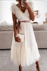 Hnewly - Fashion Elegant Solid With Belt Mesh V Neck A Line Dresses Dresses/Maxi