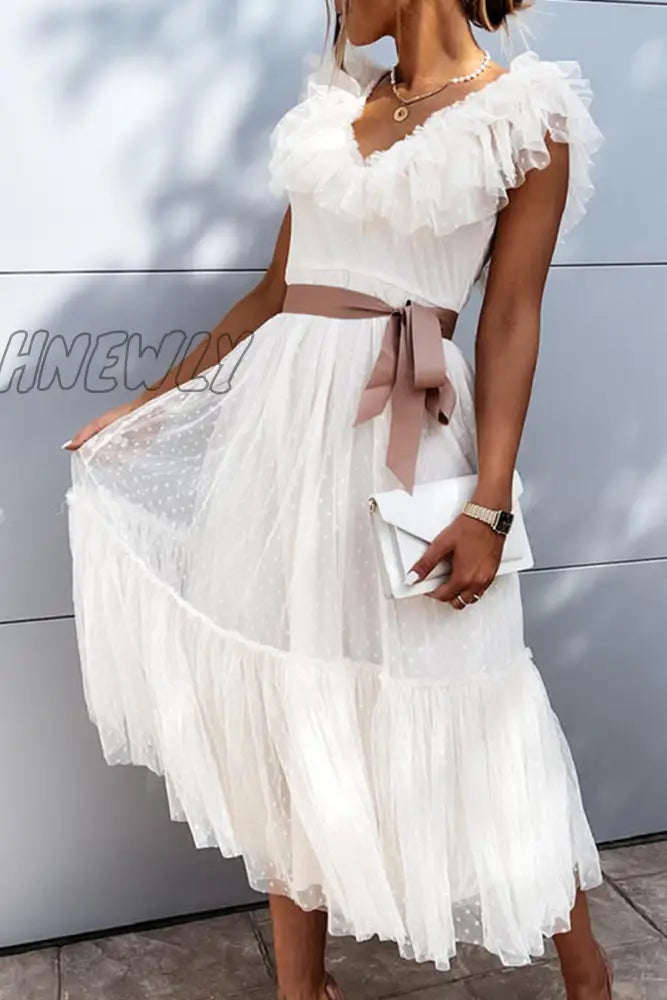 Hnewly - Fashion Elegant Solid With Belt Mesh V Neck A Line Dresses White / S Dresses/Maxi