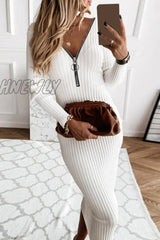 Hnewly - Fashion Elegant Zipper V Neck Pencil Skirt Dresses(3 Colors) White / S Dresses/Maxi Dresses