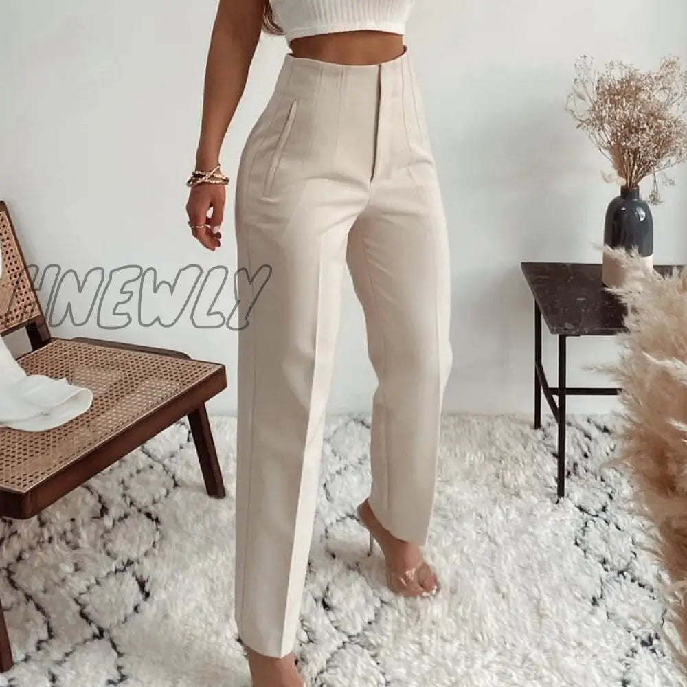 Hnewly Fashion High Waisted Casual White Trousers Women Brown Stright Pants Office Lady Korean