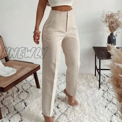 Hnewly Fashion High Waisted Casual White Trousers Women Brown Stright Pants Office Lady Korean