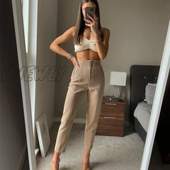 Hnewly Fashion High Waisted Casual White Trousers Women Brown Stright Pants Office Lady Korean