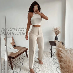 Hnewly Fashion High Waisted Casual White Trousers Women Brown Stright Pants Office Lady Korean