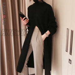 Hnewly Fashion Knitted Turtleneck Long Sweater Women Front Split Office Solid Pullover Autumn