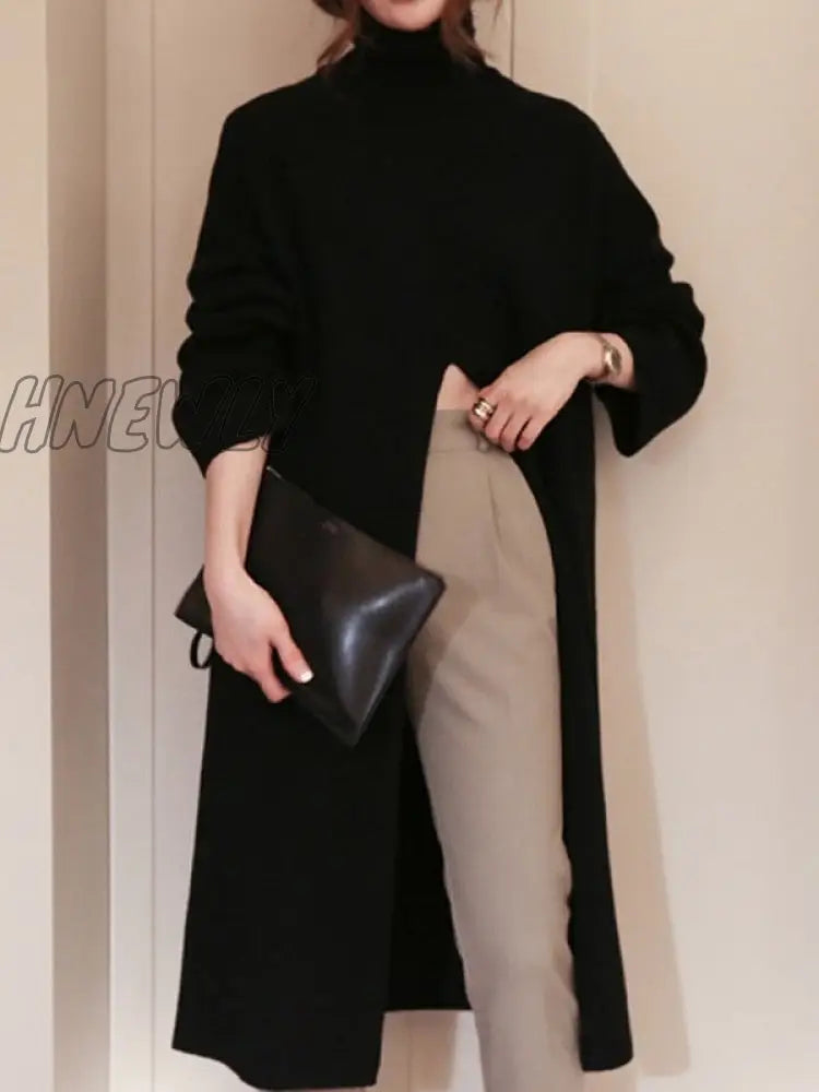 Hnewly Fashion Knitted Turtleneck Long Sweater Women Front Split Office Solid Pullover Autumn