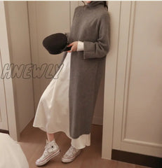 Hnewly Fashion Knitted Turtleneck Long Sweater Women Front Split Office Solid Pullover Autumn