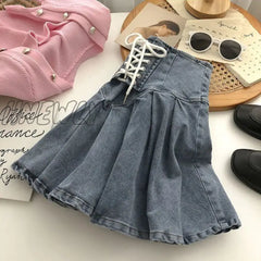 Hnewly Fashion Lace Up High Waist A-Line Women Skirts Y2K Anti-Glare Denim Pleated Skirt Ladies