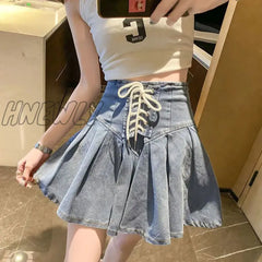 Hnewly Fashion Lace Up High Waist A-Line Women Skirts Y2K Anti-Glare Denim Pleated Skirt Ladies