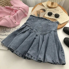 Hnewly Fashion Lace Up High Waist A-Line Women Skirts Y2K Anti-Glare Denim Pleated Skirt Ladies