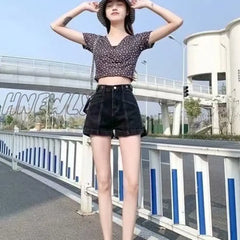 Hnewly Fashion New Summer Women High Waist Button Wigh Leg Jeans Shorts Casual Female Loose Fit