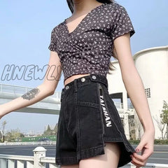 Hnewly Fashion New Summer Women High Waist Button Wigh Leg Jeans Shorts Casual Female Loose Fit
