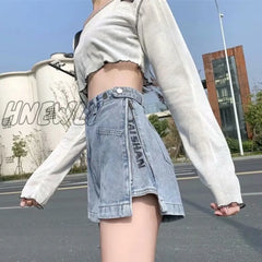 Hnewly Fashion New Summer Women High Waist Button Wigh Leg Jeans Shorts Casual Female Loose Fit
