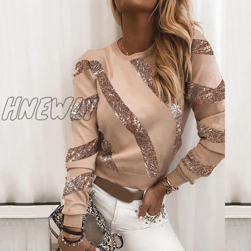 Hnewly Fashion O Neck Striped Sequined Long Sleeve T-Shirt Women Spring Winter Clothes Casual Loose