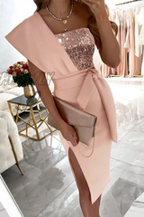 Hnewly - Fashion Patchwork Sequins One Shoulder Pencil Skirt Dresses Pink / S Dresses/Club